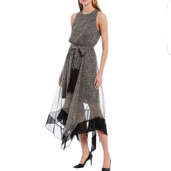 Michael Michael Kors Black Brown Handkerchief Hem Cheetah Print Dress - Picture 1 of 17